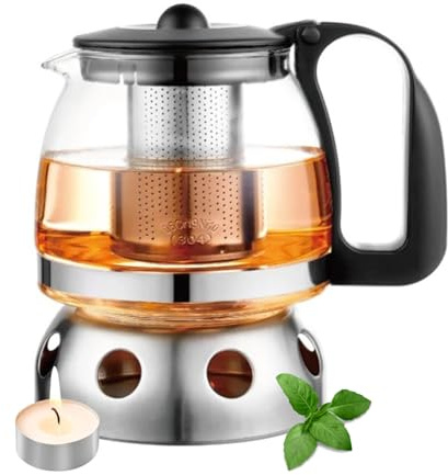 T24 Teekanne aus Glas mit Siebaufsatz Hitzebeständig herausnehmbaren Edelstahl Filter Sieb, Glasteekanne mit Teesieb & Überhitzungsschutz, Ideal zur Zubereitung von Losen Tees, (1250ml mit Stövchen)