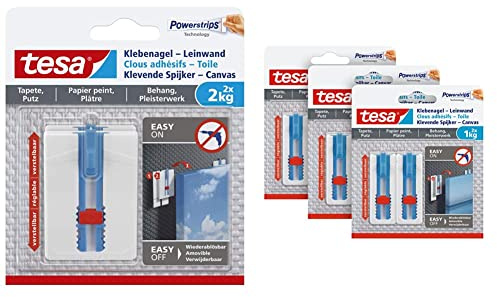 tesa Klebenagel Tapeten und Putz - höhenverstellbar - selbstklebender Nagel - Halteleistung 2x 2kg/Nagel - Weiß & Klebenagel Tapeten & Putz 1kg im 3er Pack - höhenverstellbar - hält bis 1kg/Nagel
