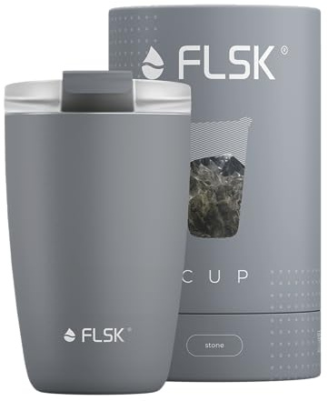 FLSK CUP Edelstahl Mehrwegbecher für unterwegs (350 ml, 500 ml) - 3 h heiß, auslaufsicher, inkl. plastikfreier Tubebox und Mikrofaser-Buddy, ideal für Reisen, Büro oder Auffüllen im Café