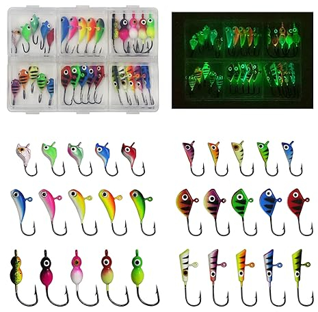 KJEIM Eisangel-Jigs-Set, 30 Stück, leuchtende Eisfischköder, leuchtende Eisfischen, Winterangeln, Jigging für Crappie, Hecht, Panfish, Zander, Barsch, Bluegill