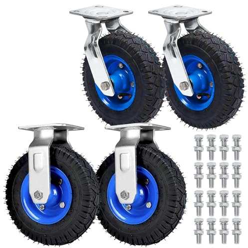 Lenkrolle Bockrollen Schwerlastrollen 4er Set Industrierollen 2 Lenkrollen Mit Platte 2 Bockrollen Mit Platte, Geräuschlose Luftreifen Gummiräder Transportrolle Mit Befestigungsschrauben