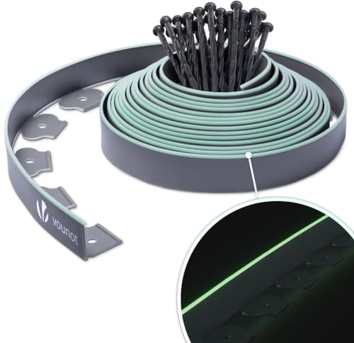 VOUNOT® Plastic Lawn Edging Border with 30 Ground Anchors, 10m Flexible Garden Edging Strip for Grass, Paths, Gravel or Flower Beds, Weatherproof Landscape Border, 5cm High, Grey & Green Outline Edge