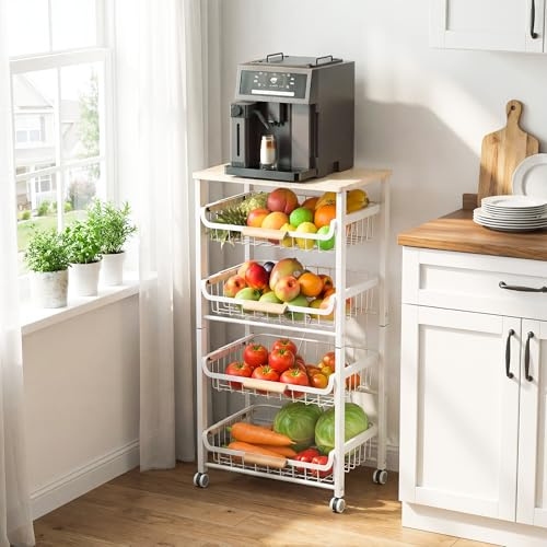 JAQ Fruit Basket for Kitchen, 5-Tier Slide Out Storage Baskets Carts Organizers Drawers with Wood Top Table with Rolling Wheels for Snacks Vegetables Vianderos para Cocina Modernos (White, 5 Layer)