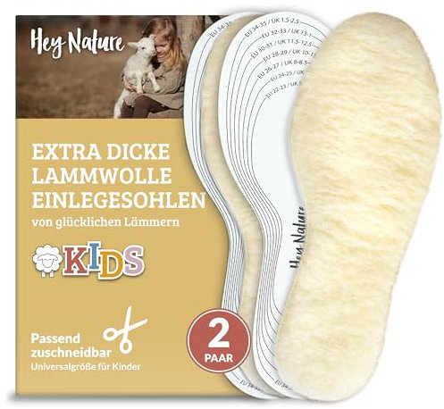 Hey Nature 2 Paar Lammwolle Einlegesohlen Kinder Winter - zuschneidbare Wärmesohlen für Kinderschuhe. Wärmende Schuheinlagen. Wollsohle statt Lammfellsohle fürs Kind