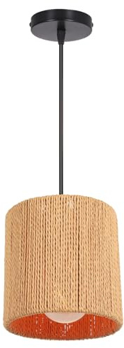 LIGKIN Pendelleuchte Rattan Boho Ø15cm Vintage Handgewebte Hängelampe E27 Runden Hängend Höhenverstellbar Lampenschirm Industrieller Boho Rustikal Kronleuchter für Schlafzimmer Wohnzimmer Küche