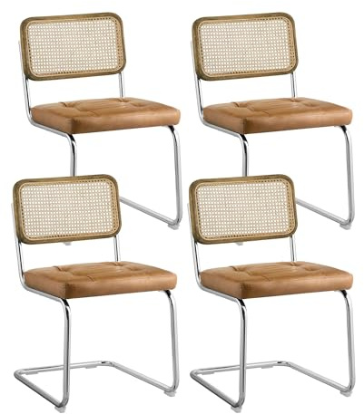 Zouron Stühle 4er Set Schwingstuhl mit echt Eichenholz - Wiener Geflecht Küchenstühle, Gelbbraun Rattan Stuhl Freischwinger Stühle, Kunstledersitz Metallgestell Esszimmerstühle Rocking Chairs