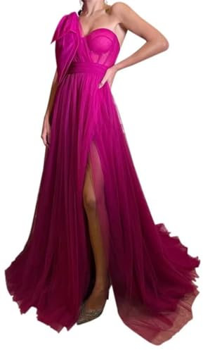 Vintage One Shoulder Prom Dress Sweetheart Tulle Princess Evening Ball Junior Princess Gown with Split Court Train Fuchsia UK12