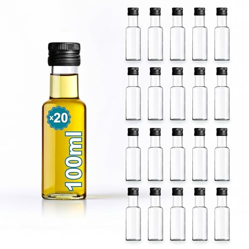 Espirito Rebelde 20 Mini Bouteilles en Verre 100ml avec Bouchon a Vis Noir | Petites Bouteilles pour Huile d'Olive, Vinaigre, Alcool, Sauces, Potion Magique | Échantillons