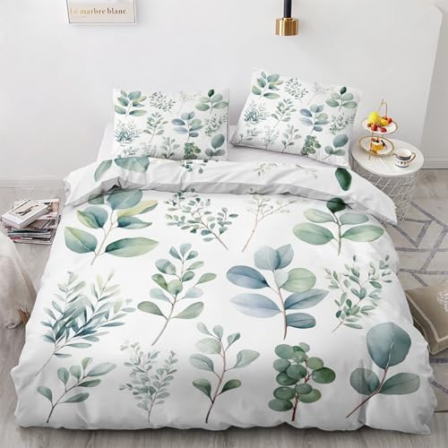 GEDAEUBA Eukalyptus Motiv Bettwäsche 155x220 - Blätter Grün Bettbezug 155x220 3 teilig, Wendebettwäsche und Kissenbezug 80x80, Weiche & Angenehme Mikrofaser Bettwäsche-Sets mit Reißverschluss
