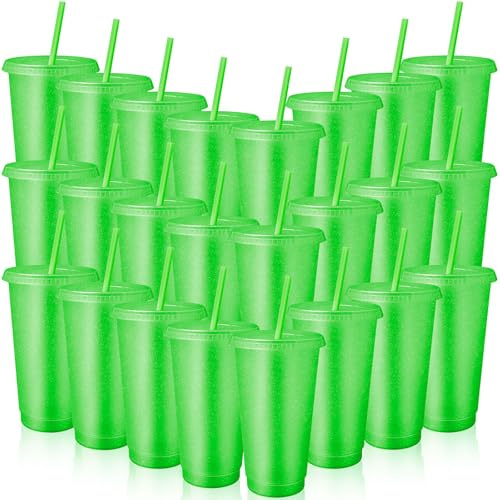 MSYU 24 Pcs Reusable Cups with Lids and Straws 24 oz Glitter Iced Coffee Tumbler Plastic Travel Mug Cup for Smoothie Juices Birthday Sleepover Party Supplies (Fluorescent Green)