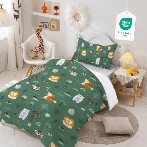 Yasida Wildlife Safari Animal Kids Single Duvet Cover Set Microfiber Dark Green Kids Bedding With Cute Lion Bear Fox Tree Pattern For Boys/Girls Duvet Cover Set 135x200 With 1 Pillowcase 50x75
