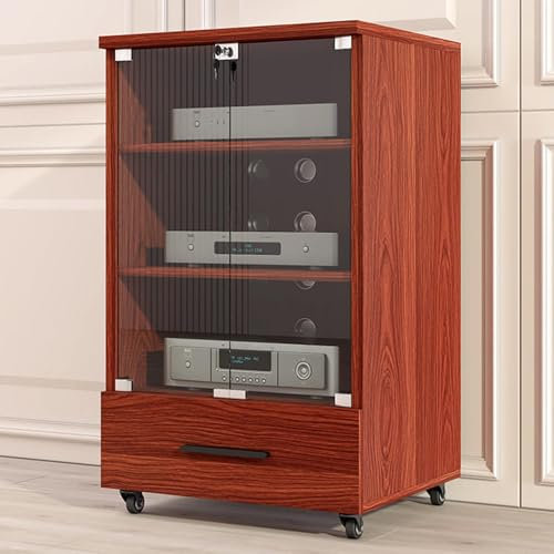 LYXWGRZD 2/3-stufiger Audio Rack HiFi Regal, Phonoschrank mit Schublade, HiFi Rack mit gehärtetem Glas, Record Player Stand, atmungsaktives Lochdesign(Rosso,97cm/38.1in)