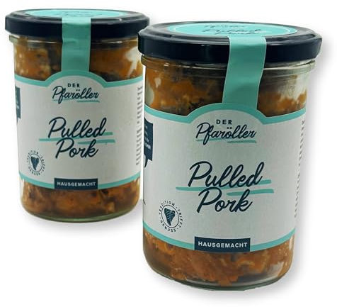DER PFARÖLLER Pulled Pork 2 Gläser á 400g – Zartes, langsam gegartes Schweinefleisch in BBQ-Sauce – Perfekt für Burger, Sandwiches & schnelle Gerichte (1er Set)