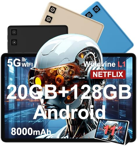 Tablette Android 14 avec Widevine L1, 13MP+5MP, 8000 mAh + Charge Rapide 18 W, Tablette Tactile 11 Pouces avec 20 Go RAM + 128 Go ROM (Extensible 1 To), 5G Wi-Fi, GPS, Octa-Core 2.0 GHz, Face ID, Noir
