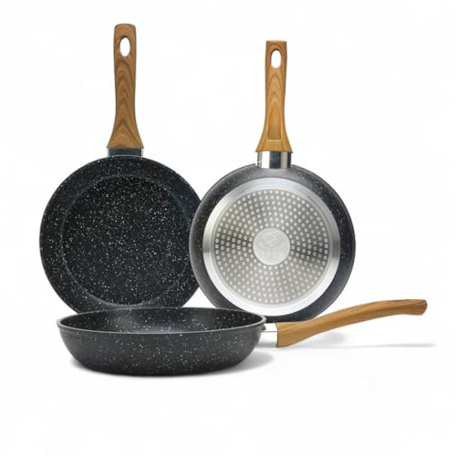 Royal Swiss® Lot de 3 Poêles Antiadhésives 20, 24, 28 cm – Sans PFOA – Compatible Induction Gaz Vitrocéramique – Poêles Cuisine Antiadhésives Professionnelles – Poignée Bakélite