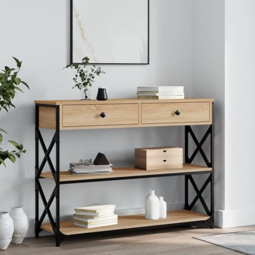 IKAYAA Mesa de Consola Con 2 Cajones, de Entrada de Madera, Aparador Estrecho, de Pasillo, Fácil Montaje, Roble Sonoma 100 x 28 x 75 cm