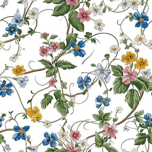 ANLIKY-Pro Papel pintado autoadhesivo con diseño de enredaderas y flores, papel de contacto despegable y pegable, 44X300CM fondo blanco, película decorativa removible para muebles y armarios.