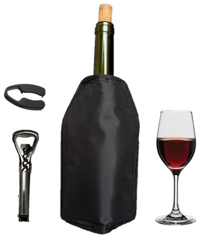Enfriador de botellas de vino con accesorios (Sacacorchos + Cortador de cápsula) | Funda con gel de enfriamiento premium | Bandas estirables para adaptabilidad con botellas de todos los tamaños