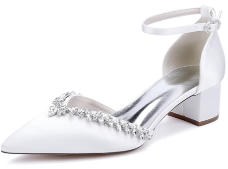Mujer Tacón Gruesos Medio Zapatos De Novia Correa Al Tobillo Zapatillas De Vestir con Diamantes De Imitación Puntera Puntiaguda Zapatos De Fiesta De Graduación De Boda,Blanca,38 EU