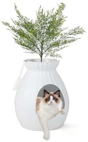 FANTASK 2 in 1 Katzentoilette, 63L intelligente Geruchsbeseitigung & Sterilisation mit Türvorhang, Blumentopf-Stil mit Kunstpflanze, Kieselsteinen & Schaufel