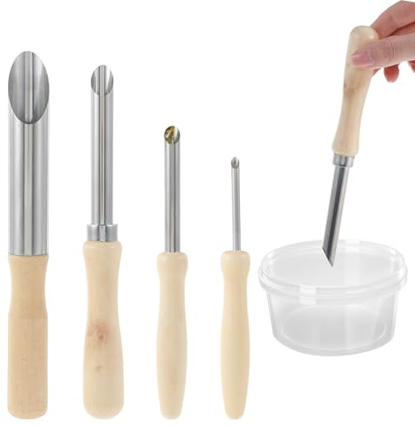 4 PCS Straw Puncher Straw Hole Punch Plastic Cup Lid Hole Wooden Handle Lemonade Cups Lid Holes Puncher Stainless Steel Wood Circular Clay Cutters Pottery Tool for Drilling Sculpture