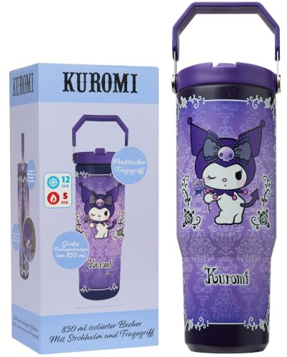 Get Trend Hello Kitty Kuromi Gobelet Isotherme avec Paille et Poignée 850ml, Acier Inoxydable Mug Isotherme Cafe 12H Froid et 5H Chaud, Sans BPA Gourde Sport, Bureau ou Travel (Violet Kuromi)