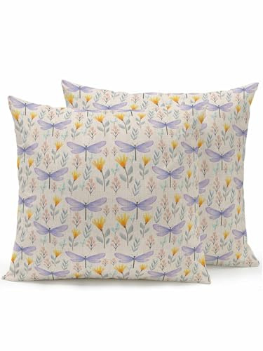 Pinroote Outdoor Pillows Waterproof, Flowers Field Bedding Throw Pillows with Insert for Couch Sofa Bed, Abstract Purple Dragonfly Pastoral 18x18 Inch Pillowcases Camping Patio Pillow Set of 2