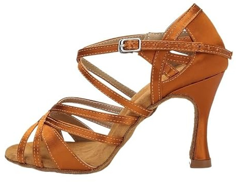 Latin Dansskor För Kvinnor Latin Satin Satin Dansskor Silke Salsa Tango for Kvinnor Dans Slitbeständig Dans, Brun 9 cm häl, 35 EU