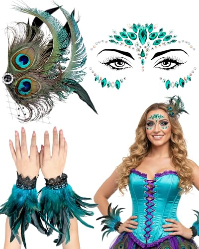ETOFETE 3 Pcs Pfau Kostüm Damen, Federn Pfau Haarschmuck Haarspangen, Pfaufedern Armbänder, Pfauen Glitzersteine Gesichtstattoo, Karneval Fasching Pfaukostüm Cosplay Accessoires