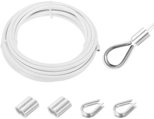 QUARKZMAN 5 meter x 5 mm vajerlina i rostfritt stål, stålvajer spänntråd med 2 x krympskydd och 2 x klämmor, rostfritt stålseil 304 gardinrep tvättlina för klätterväxter, Vit