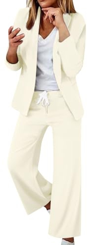 Smart casual kläder för kvinnor, blazer-set för kvinnor – enfärgad Business Co Ord set komfort långärmad kavajer elastisk midja byxor kontor arbete vardaglig outfit klassisk festbyxor kostym, Vitt, L