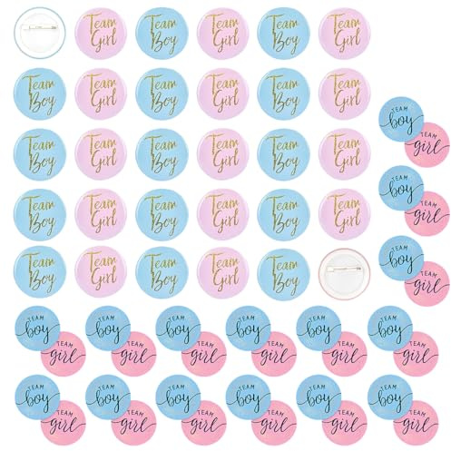 Lot de 30 badges révélateurs de sexe, 30 autocollants, 4,5 cm, Team Boy Team Girl Ronds Badges Épingle, Décoration de fête de genre, Pour Baby Shower Fête Décoration Fournitures (bleu, rose)