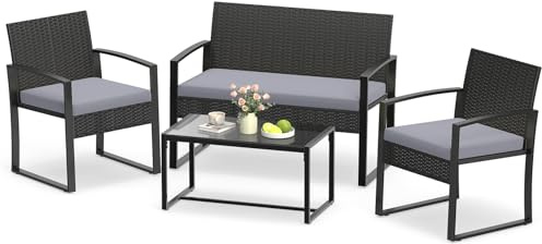 COSTWAY Rattan Gartenmöbel Set, Outdoor Lounge Möbel, Balkonmöbel Kleiner Balkon, Sitzgruppe mit 2 Sessel, Bank, Tisch & Sitzkissen, Terrassenmöbel, Sitzgarnitur, Gartengarnitur (Grau)