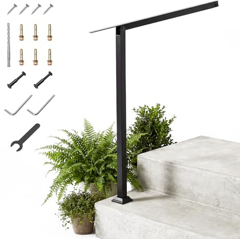 TANGZON Outdoor Handrail for Steps, Adjustable Stair Rail Kit | Fits 1-2 Steps, 45 Degree Angle, Steel Support Rail, Black Coating, Installation Kit, for Concrete Steps, Porch and Deck