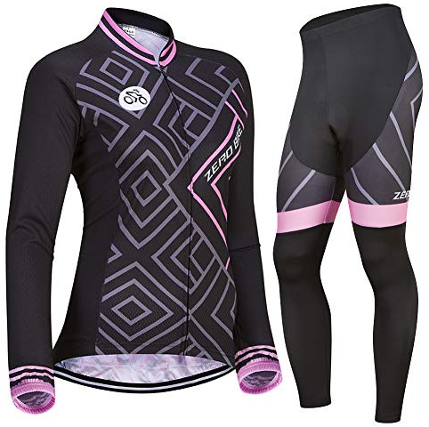 Damen Atmungsaktiv Schnelltrocknend Fahrradtrikot Set, Outdoor Lange Ärmel Radsport-Shirt + 3D Gel Gepolsterte Fahrradhose (0030, M)