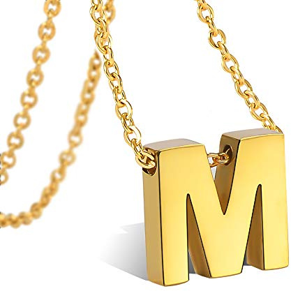 VU100 Collar Colgante de Inicial Letra M Colgante para Mujer Niñas de Acero Inoxidable Chapado en Oro, 45cm Cadena Cuerda