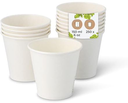 BIOZOYG 250x vasos desechables 150 ml / 6 oz, Ø 80 mm blanco - vasos cafe sin plástico y con materiales sostenibles - vasos cafe desechables