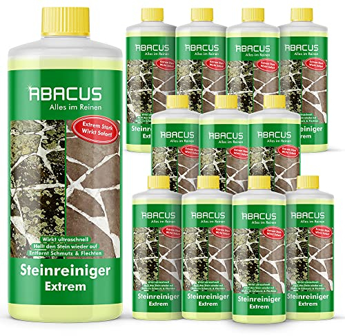 ABACUS® Steinreiniger Extrem, intensiver Steinreiniger für außen mit Sofortwirkung, entfernt sofort Schmutz, Grünbelag, Flechten & Algen auf Steinen in Minuten, Steinreiniger Intensiv außen 12x 1000ml