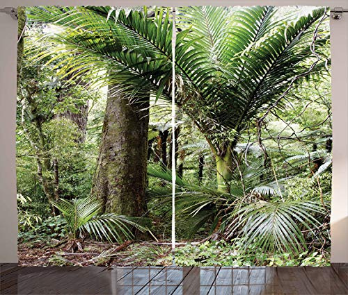 ABAKUHAUS Wald Rustikaler Gardine, Laub Jungle Entwurf, Schlafzimmer Kräuselband Vorhang mit Schlaufen und Haken, 280 x 260 cm, Grün Braun