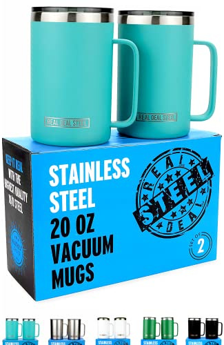 Insulated Mug with Handle and Lid - Stainless Steel Vacuum Coffee Cup, Set of 2, 20 oz - Large Double Wall Coffee or Tea Cup, Thermal Camping Mug Keeps Drinks Hot, That Keeps Beer Cold