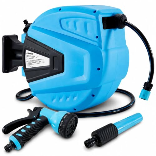 AREBOS Schlauchaufroller 30m | Schlauchtrommel Wandschlauchbox mit Wandhalterung | Gartenschlauch Automatischer Aufrollmechanismus & Arretierstop | 9 Sprühfunktionen 180° Schwenkbar | Blau