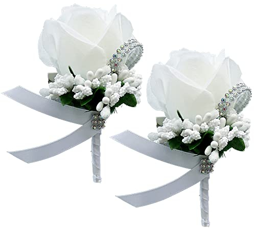 YANJINGHE 2 Stücke Rose Ansteckblume, Boutonniere Anstecknadel, Hochzeit Ansteckblume, Handgefertigt Künstliche Blume Herren Ansteckblume mit Pin und Clip für Hochzeit, Abschlussball, Party(Weiß B)