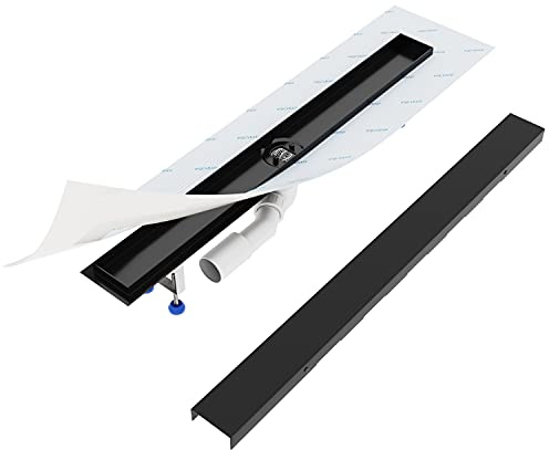 Aquabad Duschrinne SDS Schwarz Matt aus Edelstahl, Komplett Set mit Blende: Bord, Siphon und Haarsieb, Länge 90 cm, waagerechter Abgang Mitte