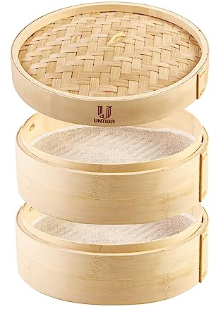 Handmade 10 inch Bamboo Steamer Basket with Reusable Cotton Liners Multi-use 2 Tier Dumpling Steamer for Cooking Vegetables, Dim sum, Bao Buns, Fish Meat (10inch - 2 tier)
