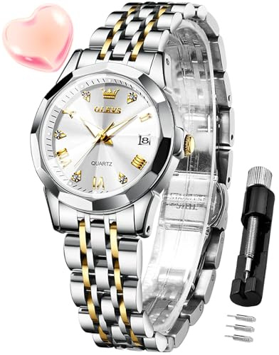 OLEVS Damenuhr Diamant Analoge Armbanduhr mit Kleines Gesicht Goldene Silber Edelstahlband wasserdichte Datum Uhr