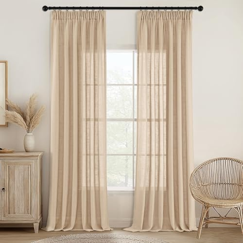 MIULEE Gardiner med rynkband, Voilegardin, Modern linnelook, Halvtransparent, För Vardagsrum, Sovrum, Skjutgardiner, Set om 2, Beige, 245x140 cm