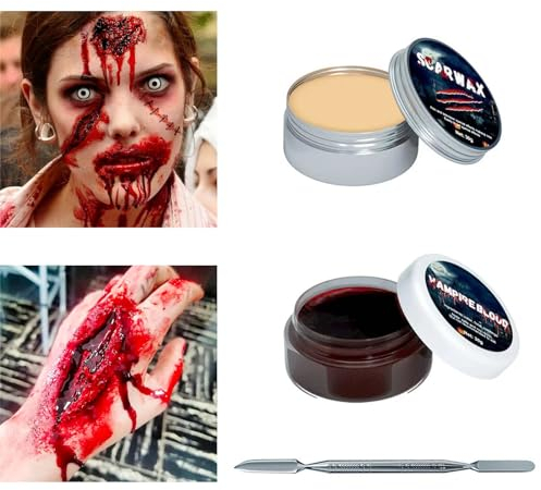 Halloween Schminke Kunstblut Set 30gx2 Kunstblut & Narbenwachs Schminke Set mit Makeup Schaber, 3er Halloween Karneval Makeup Kit für Zombies, Vampire, Monster, Cosplay