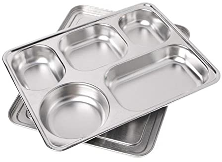 TEmkin Plato de cena Fiambrera Bandeja de cena dividida de acero inoxidable Contenedor de almuerzo Plato de comida para comedor escolar Rejilla Fiambrera con tapa (Color : 5 Grids) (5 Grids)