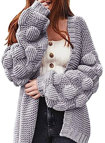 Generico Cardigan Lavorato a Maglia Grosso a Maniche Lunghe da Donna Giacca Lana (Grey, M)