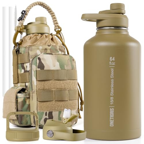 OneTigris Gourde en acier inoxydable, bouteille d'eau 2L haute capacité, bouteille de sport avec un bon effet isolant pour vélo, camping, yoga, salle de sport, airsoft, Camouflage, 64OZ